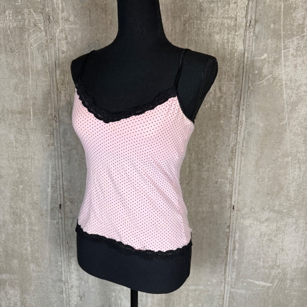Energie Vintage Pink Polka Dot Lace Trim Cami Top Womens Large Y2K Coquette